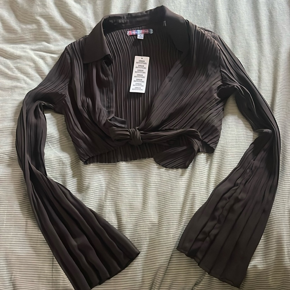 Urban outfitters chiffon pleated cropped shirt with bell sleeves